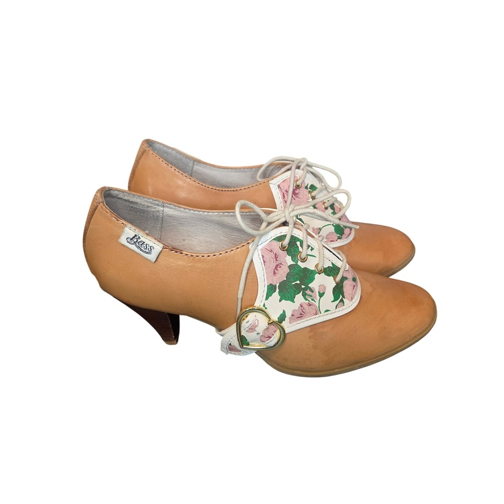Academia Leather Oxford Pumps Lace Up Floral Panel Tan Heels Women's 6.5M